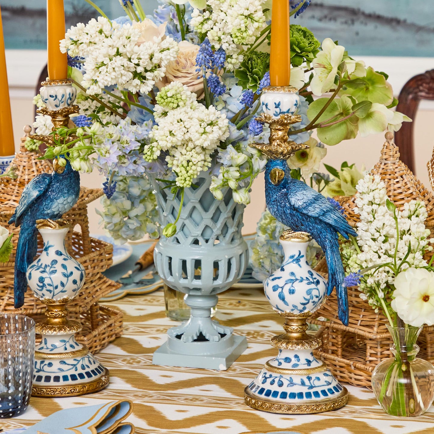 Blue Parrot Candle Holder Set
