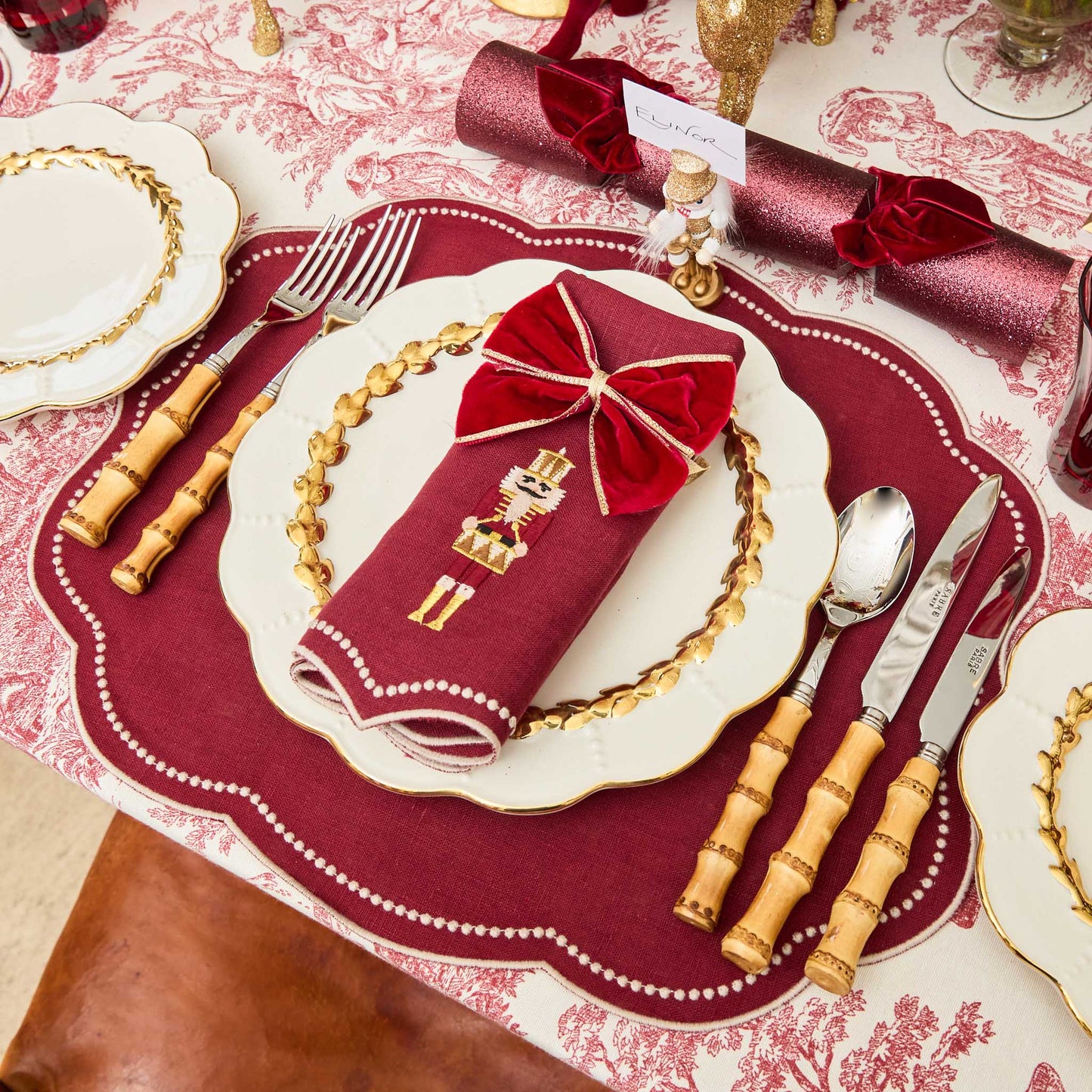 Burgundy Nutcracker Embroidered Linen Napkins (Set of 4)
