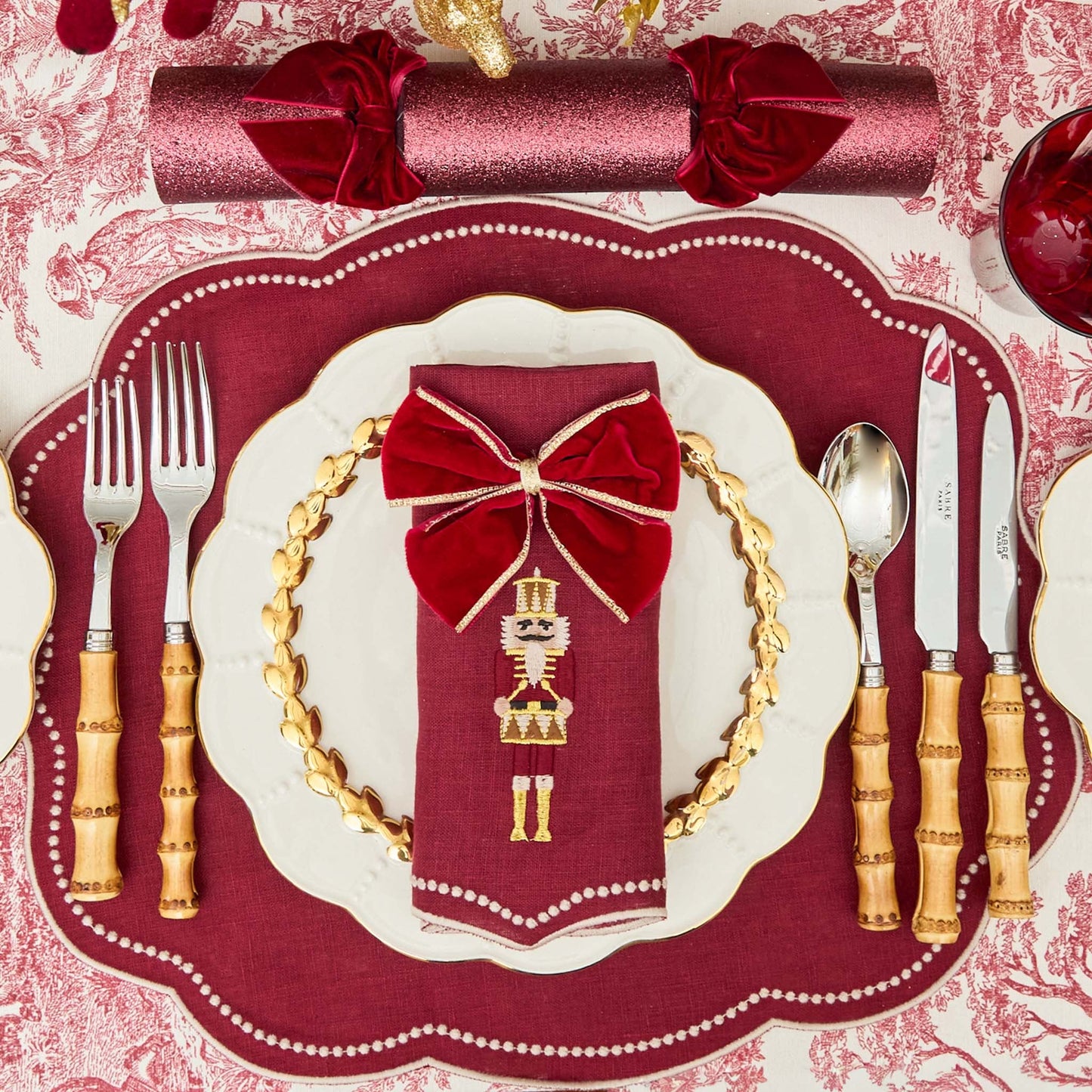 Burgundy Nutcracker Embroidered Linen Napkins (Set of 4)