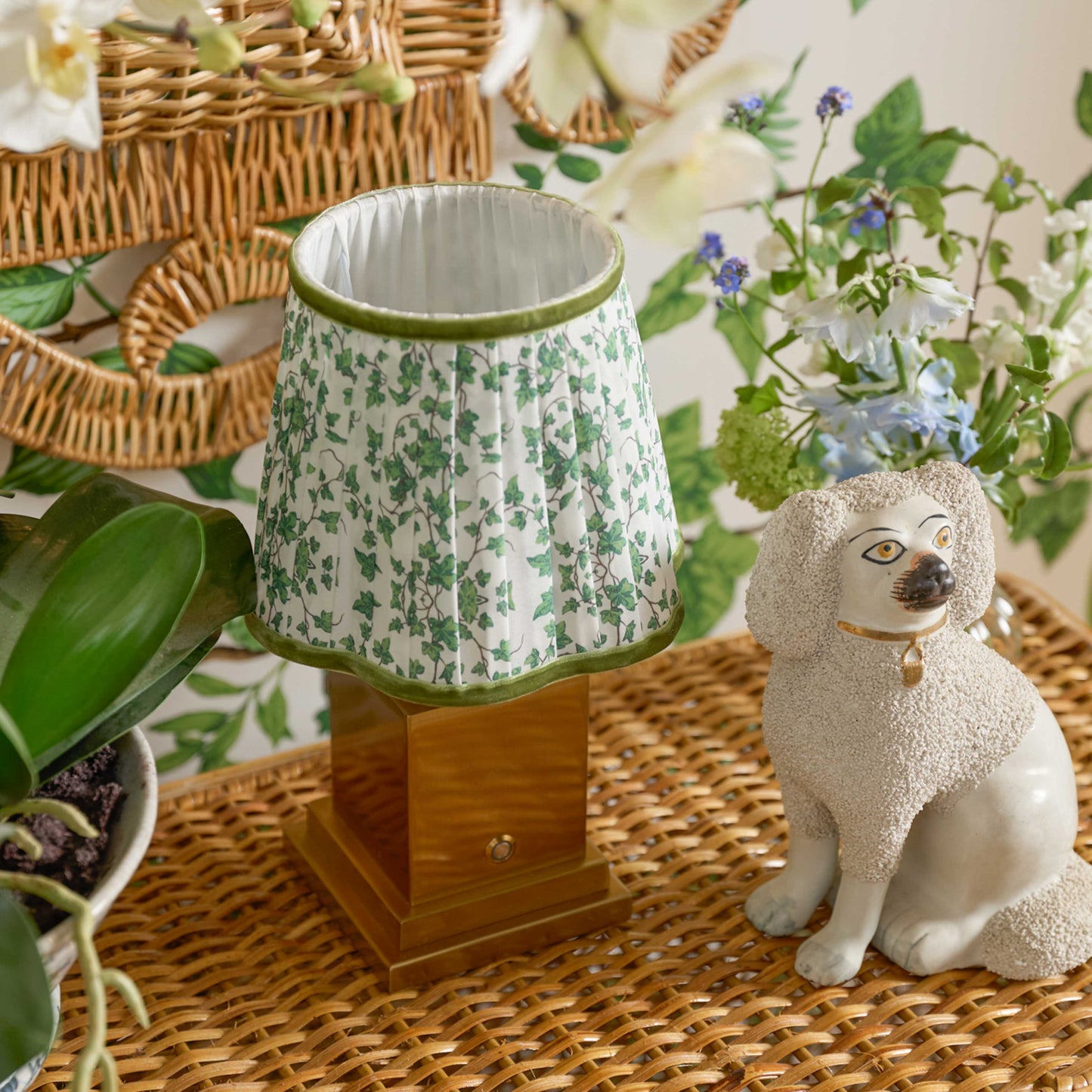 Small Square Rechargeable Lamp with Green Floral Shade (18cm)