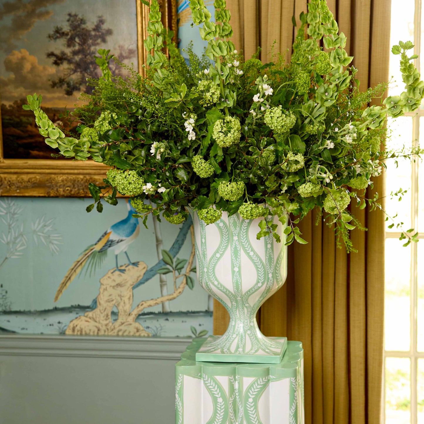 Green Floral Ikat Urn & Pedestal