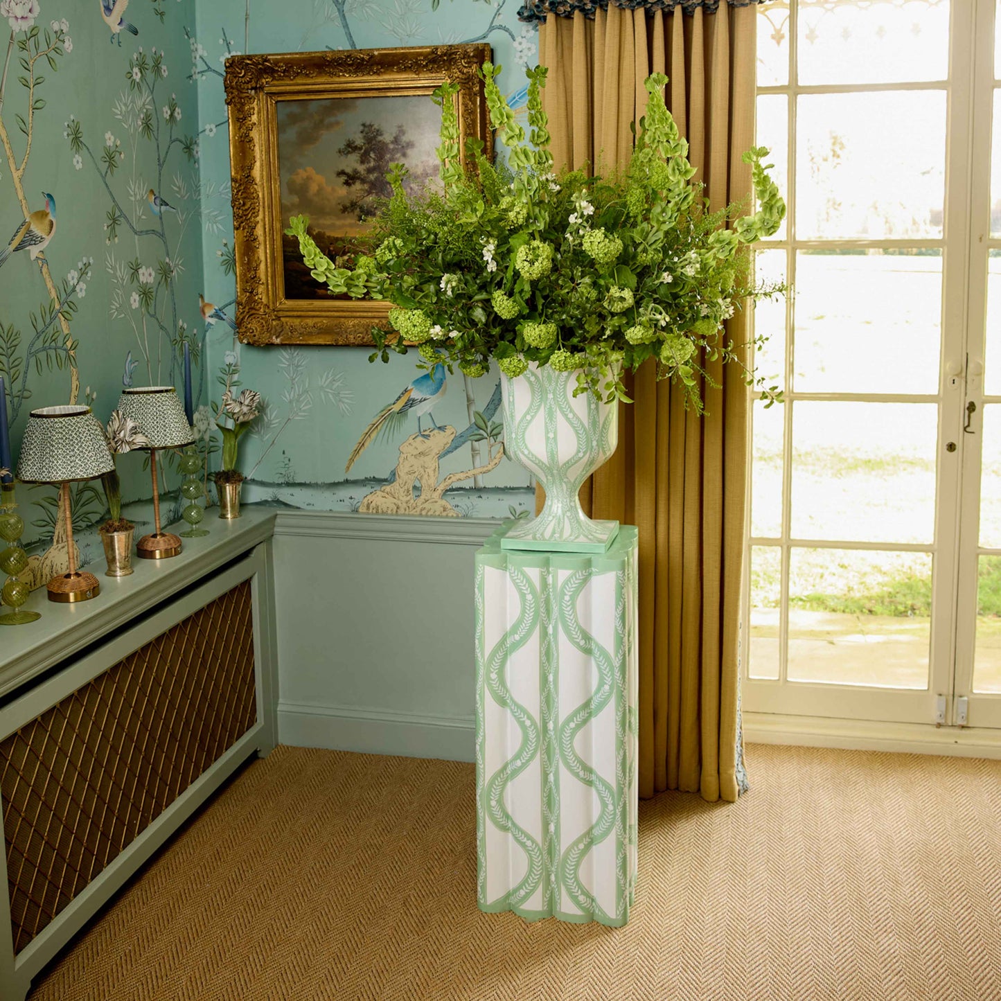 Green Floral Ikat Urn & Pedestal