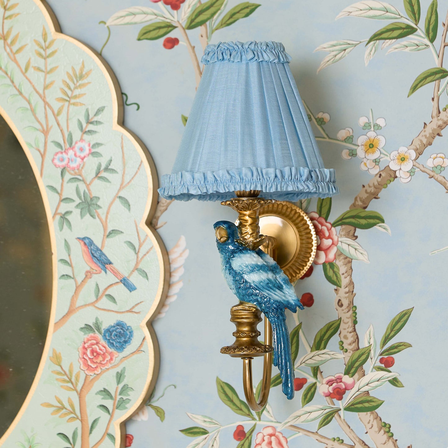 Pair of Blue Parrot Rechargeable Wall Lights with Soft Blue Frilled Silk Shades (18cm)