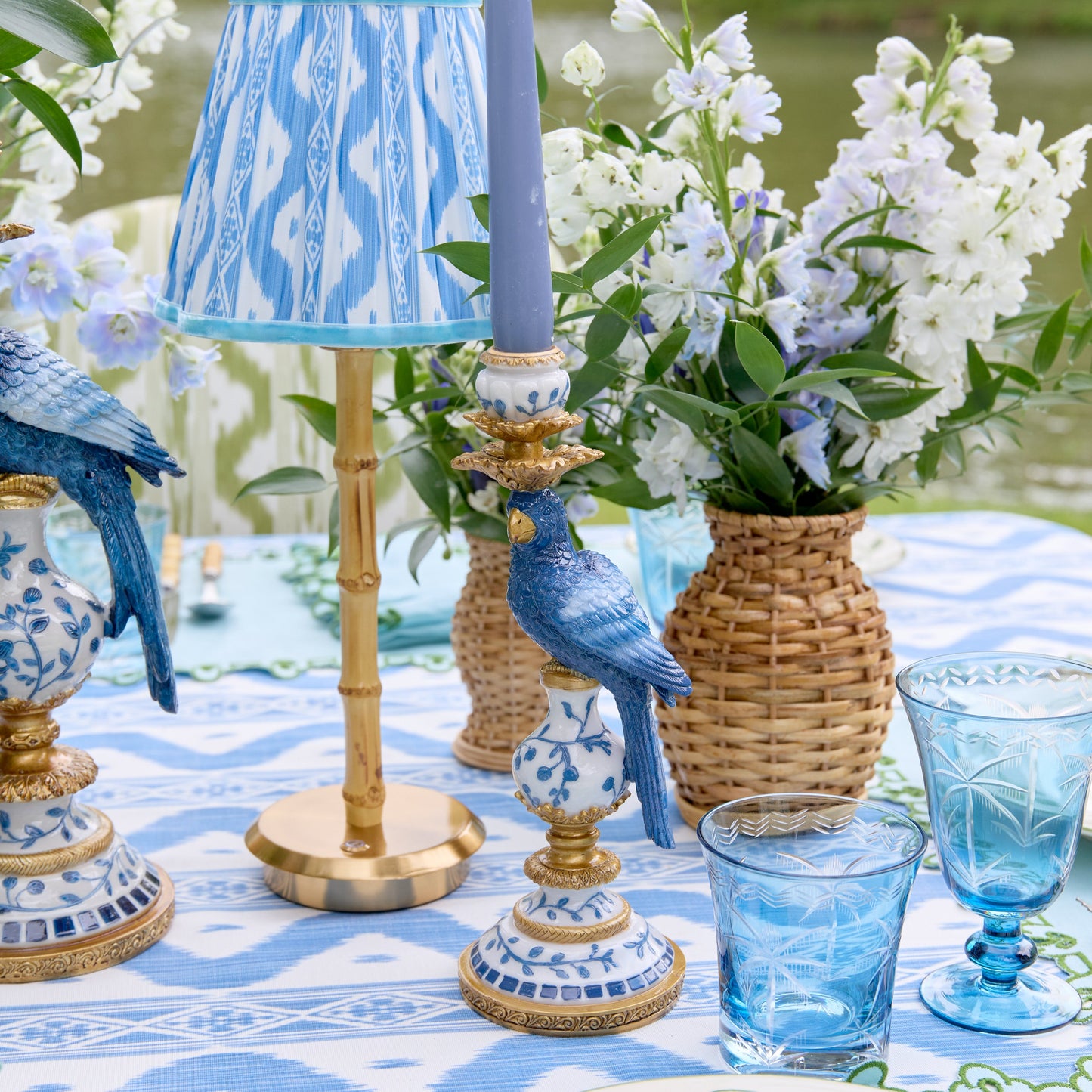 Blue Parrot Candle Holder Set