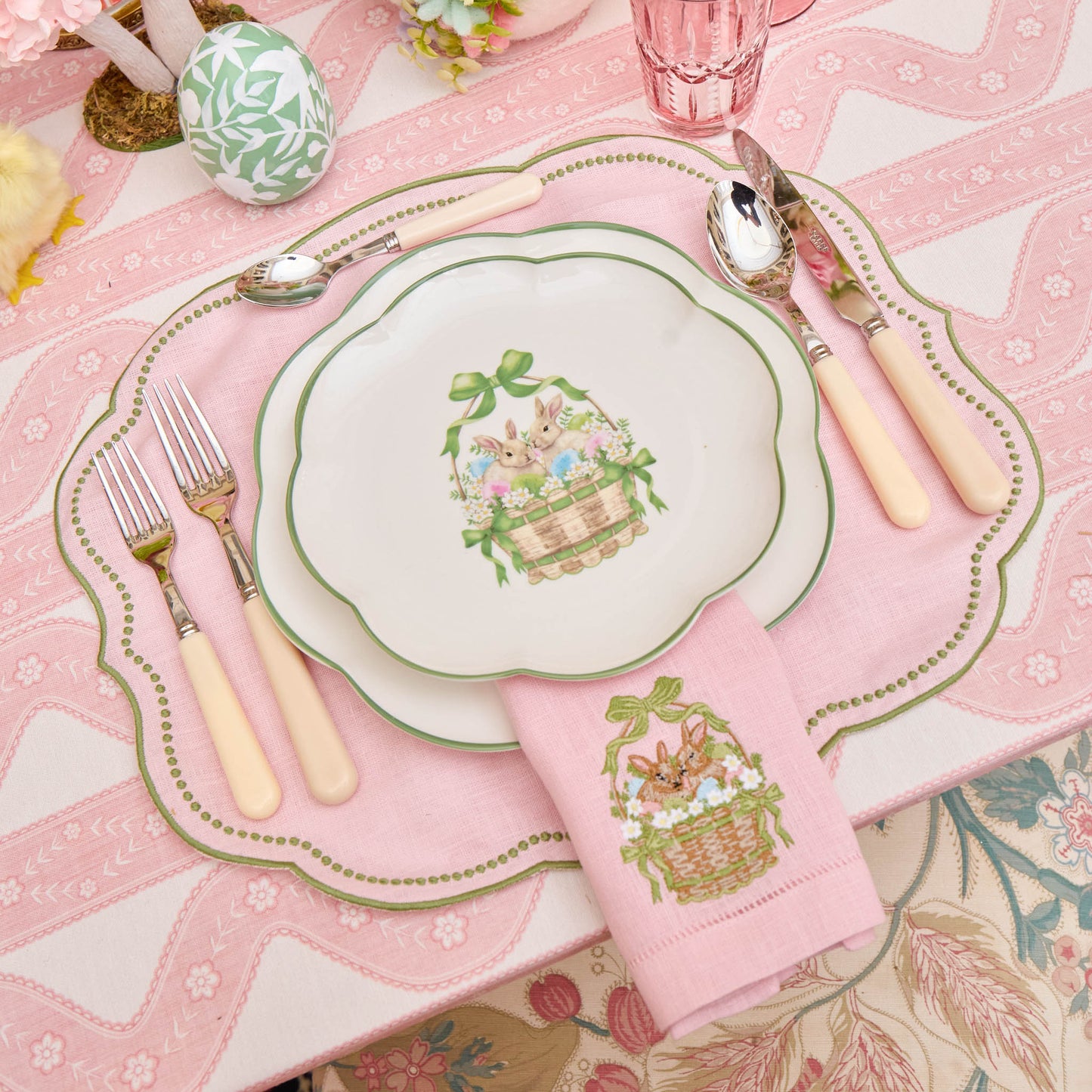 Bunnies in Basket Embroidered Linen Napkins (Set of 4)