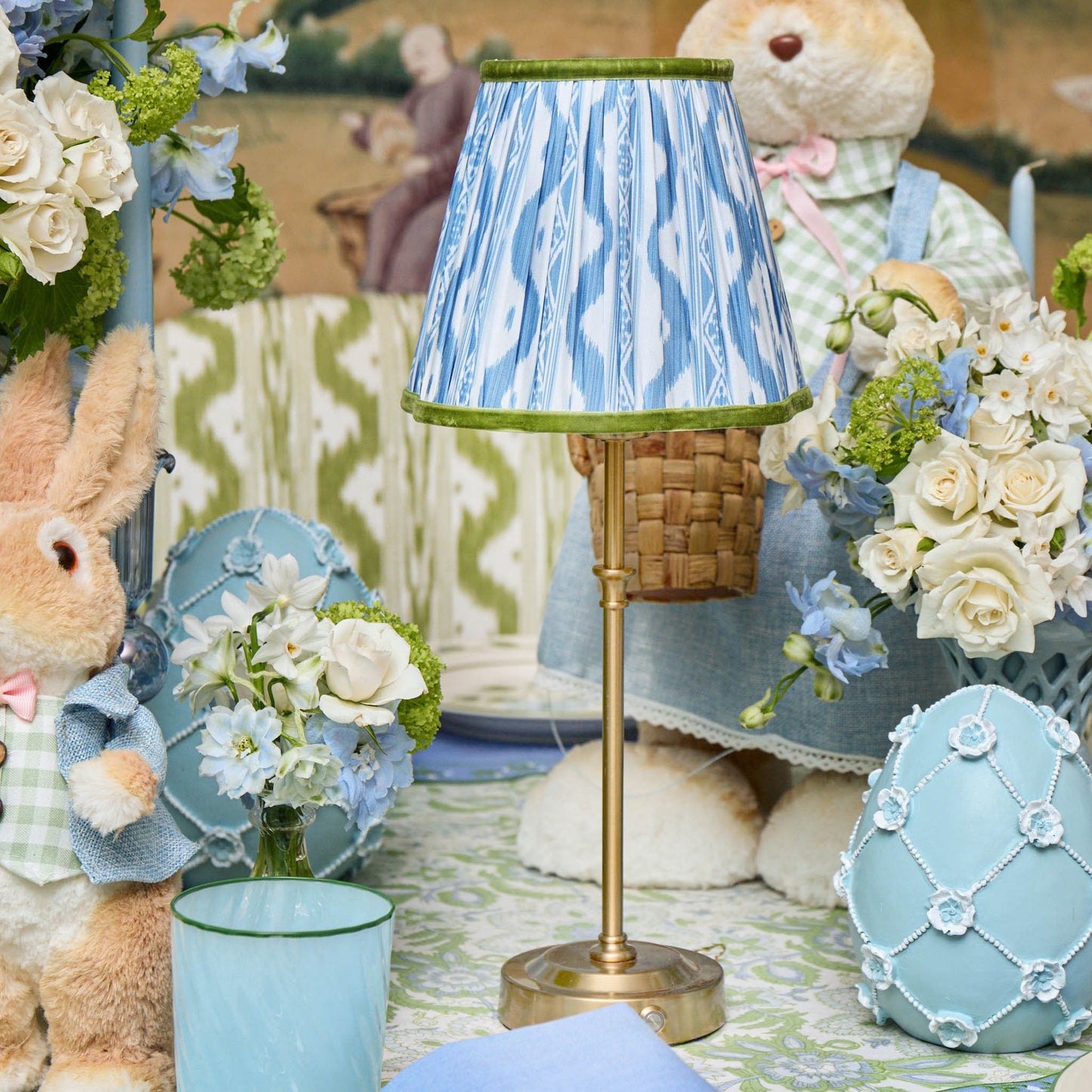 Edie Rechargeable Lamp with Blue & Green Ikat Shade (18cm)