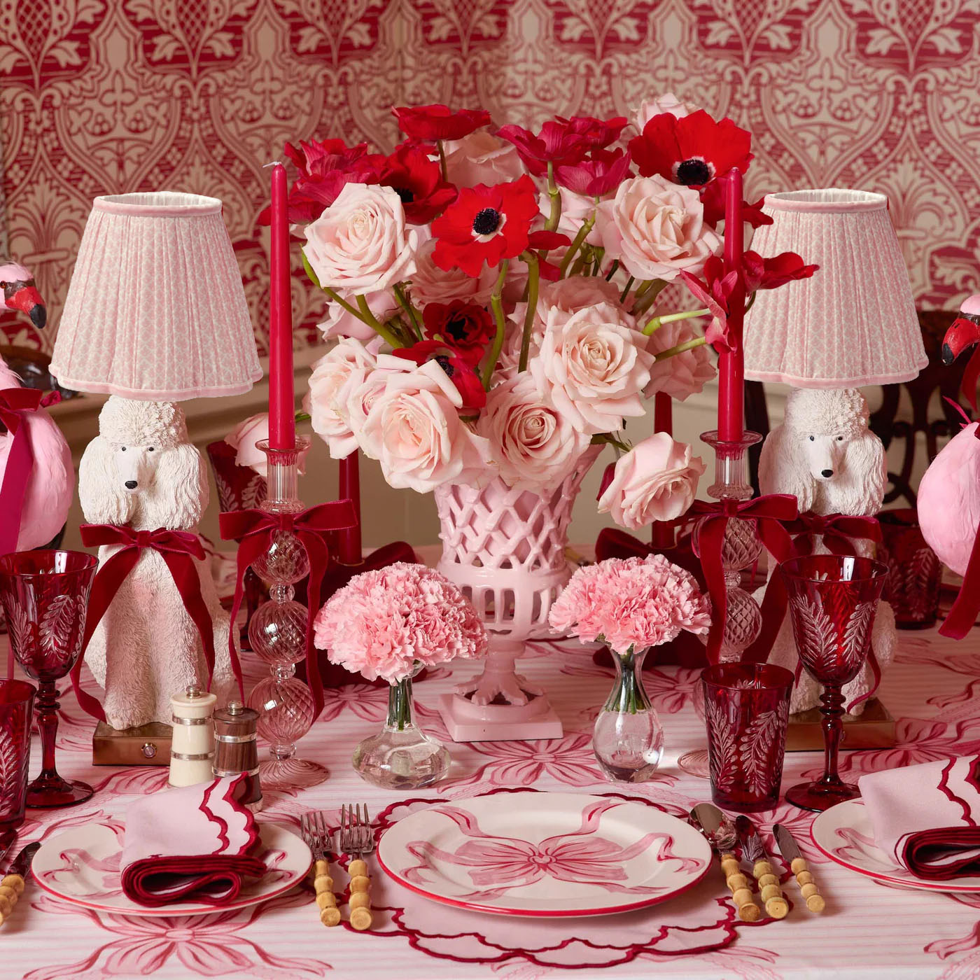 Red Ribboned Fifi Poodle Rechargeable Lamp with Pink Lotus Shade (18cm)