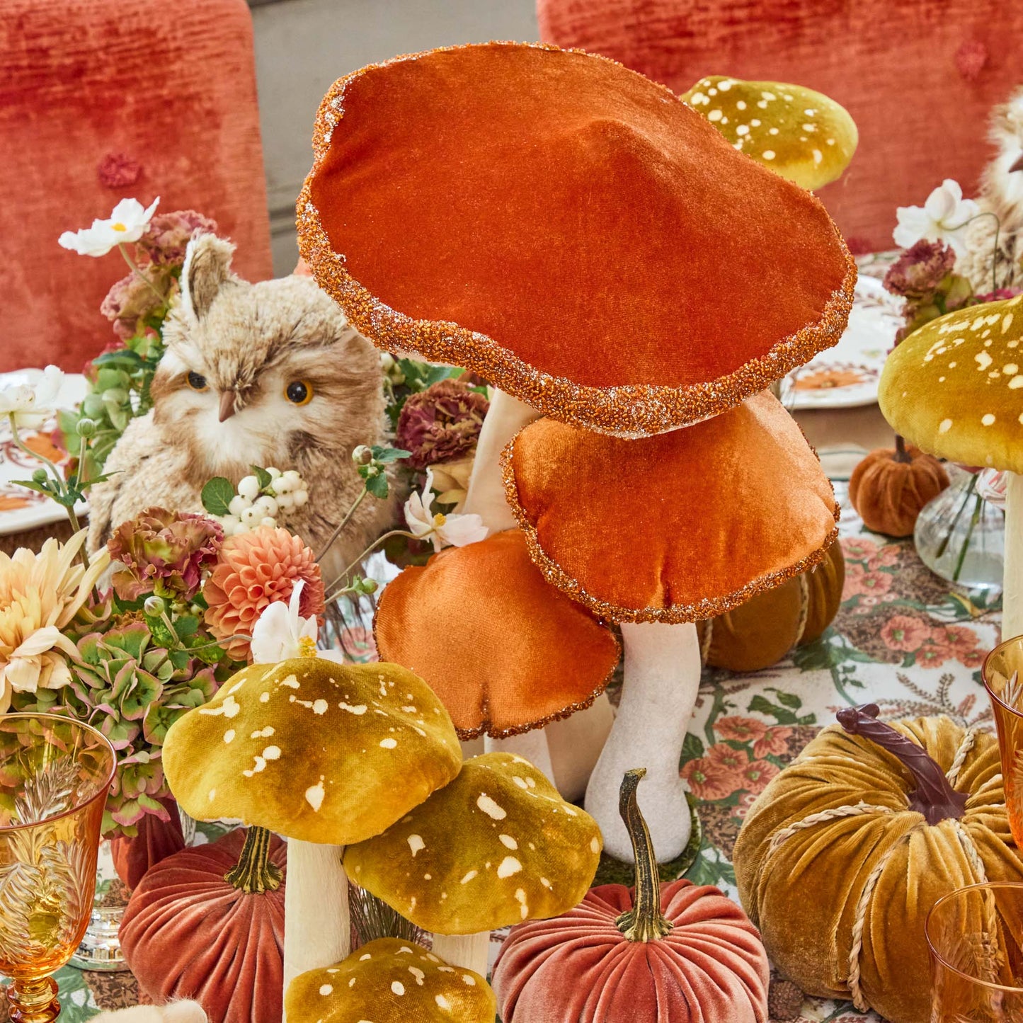 Large Orange Beaded Velvet Mushroom (Set of 4)