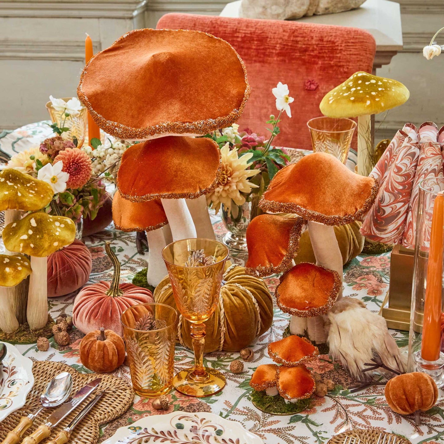 Large Orange Beaded Velvet Mushroom (Set of 4)