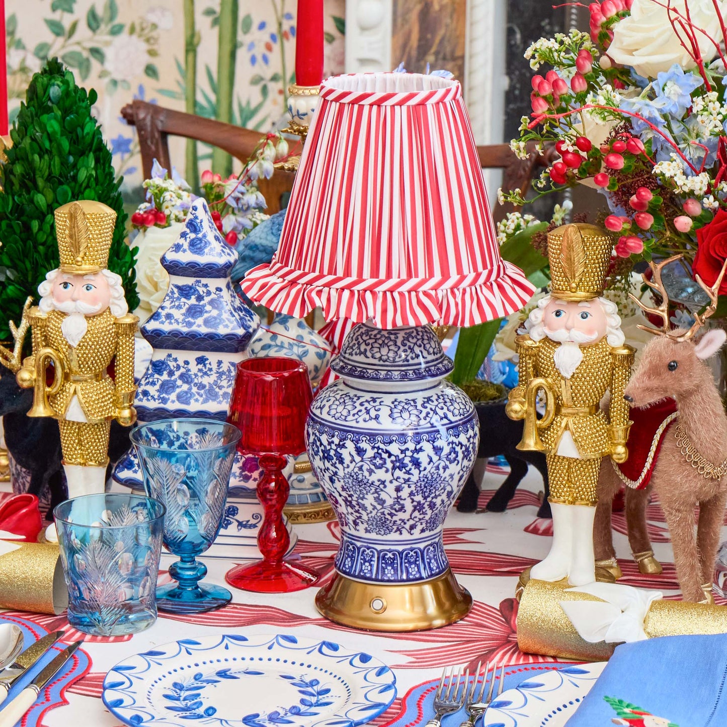 Chinoiserie Rechargeable Lamp with Red Striped Ruffle Shade (18cm)