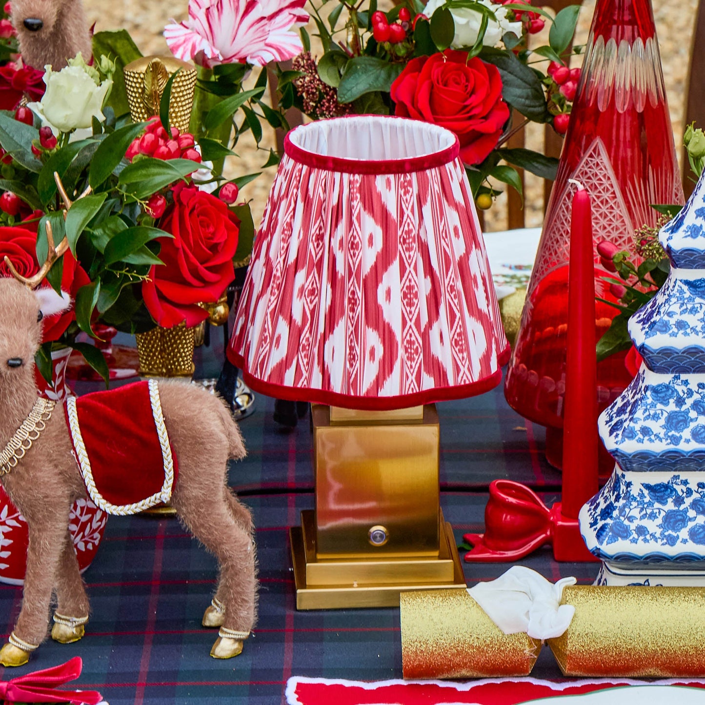 Square Rechargeable Lamp with Red Ikat Shade (18cm)