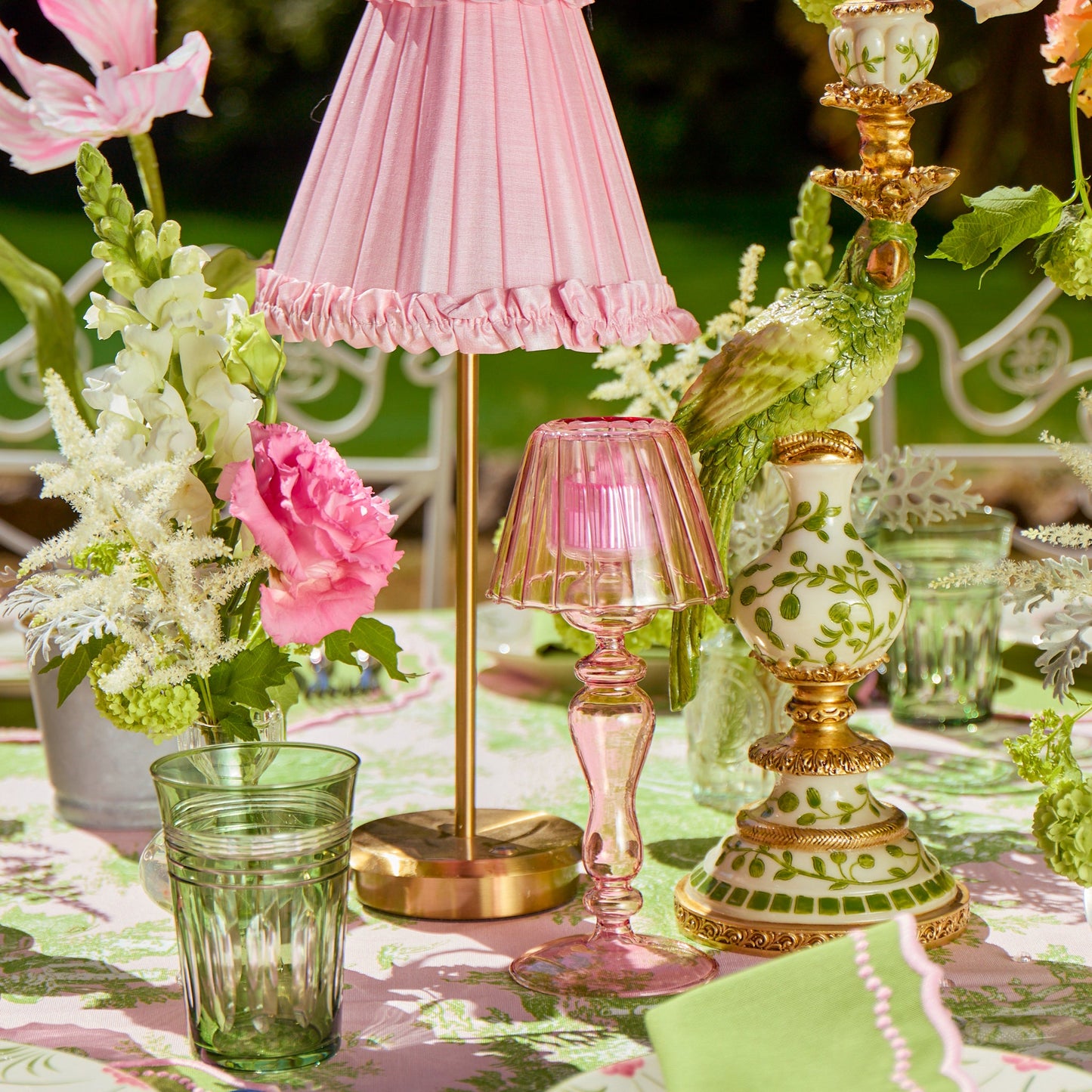 Tall Rechargeable Lamp with Pale Pink Frilled Silk Shade (18cm)