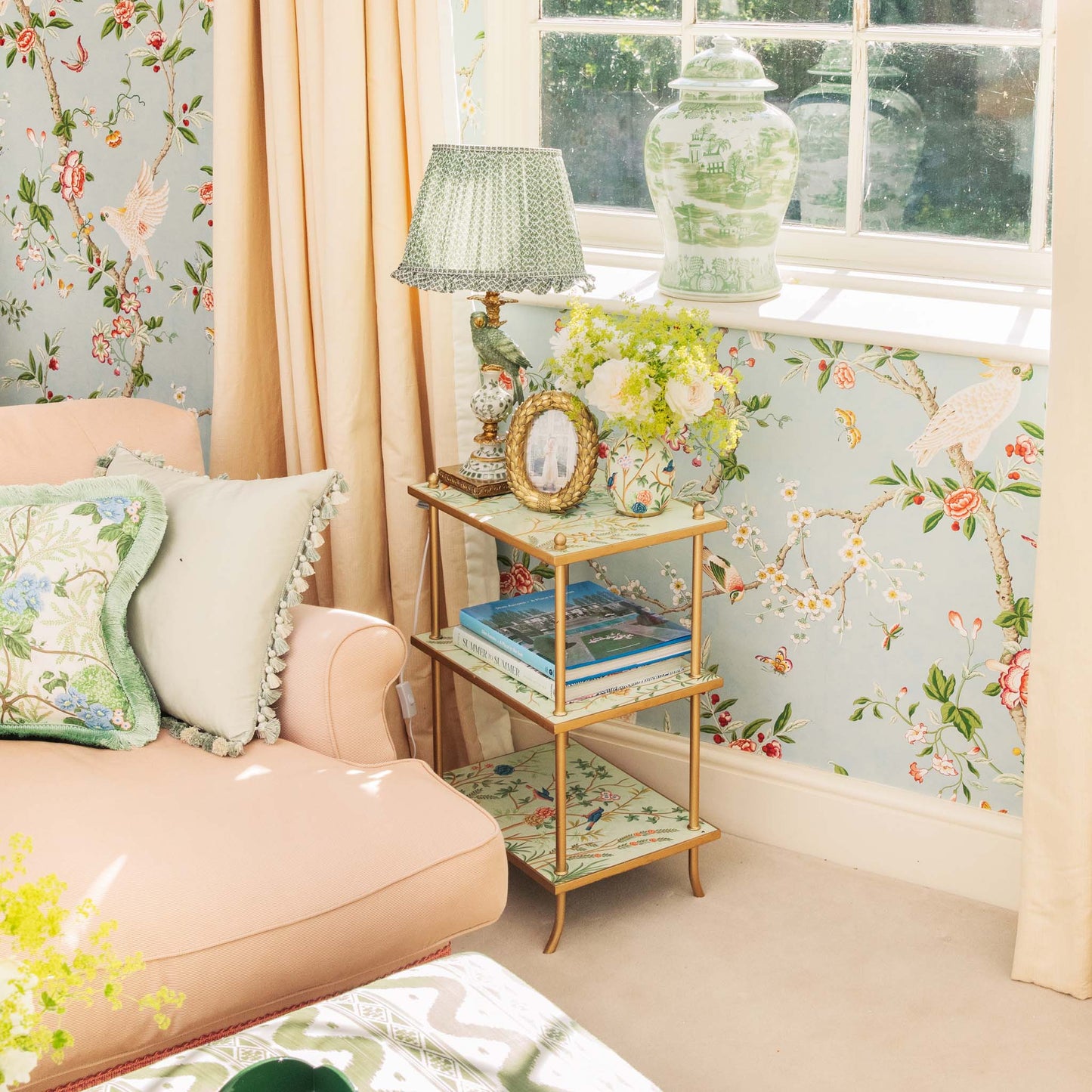 Olive Parrot Lamp with Olive Lotus Ruffle Shade (30cm)