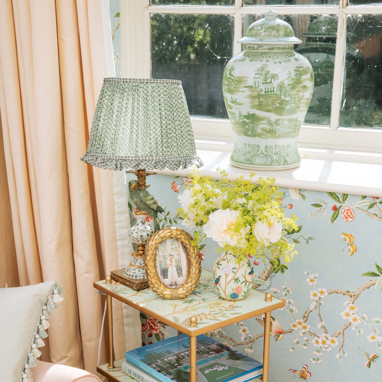 Olive Parrot Lamp with Olive Lotus Ruffle Shade (30cm)