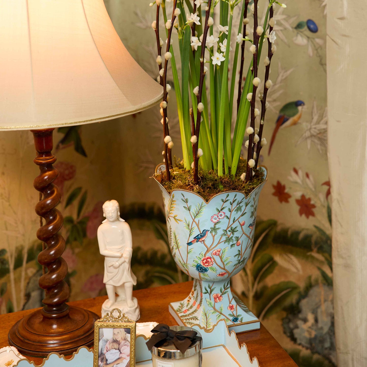 Small Blue Chinoiserie Tole Urn Vase