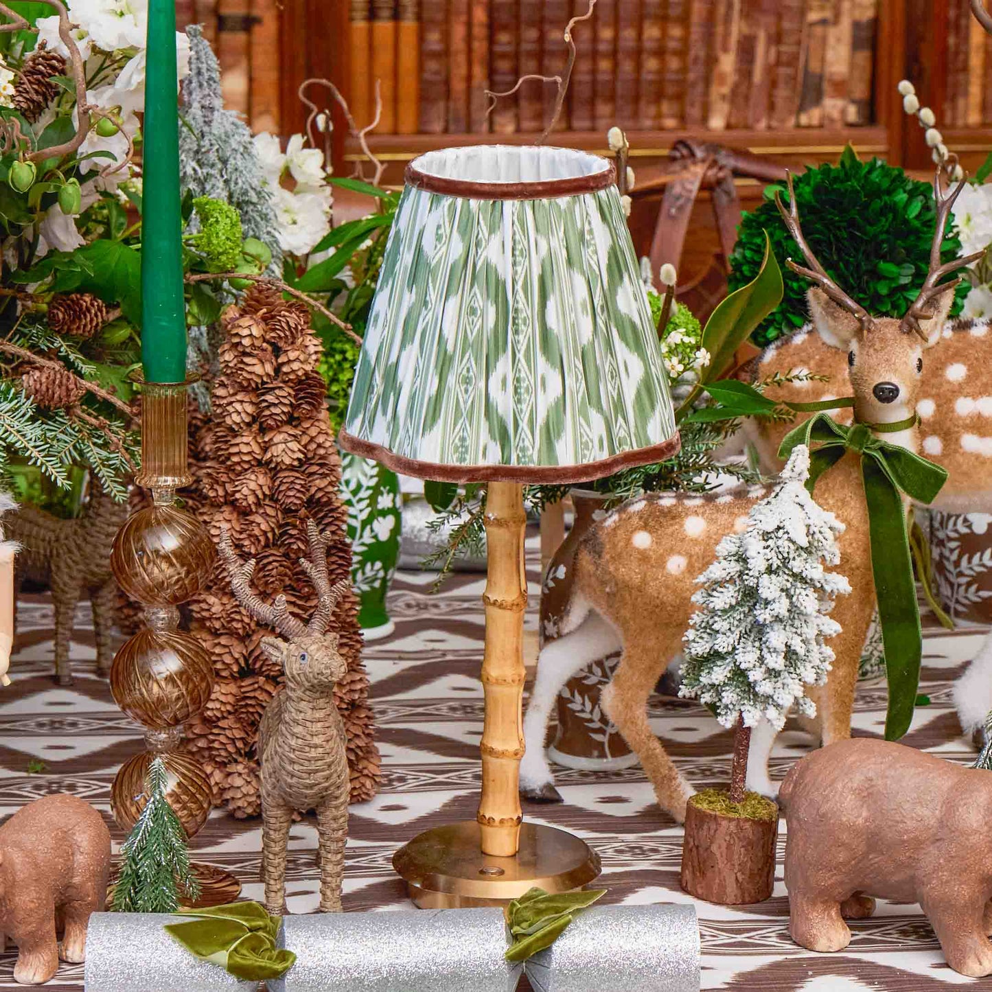 Bamboo Rechargeable Lamp with Olive & Chocolate Ikat Shade (18cm)