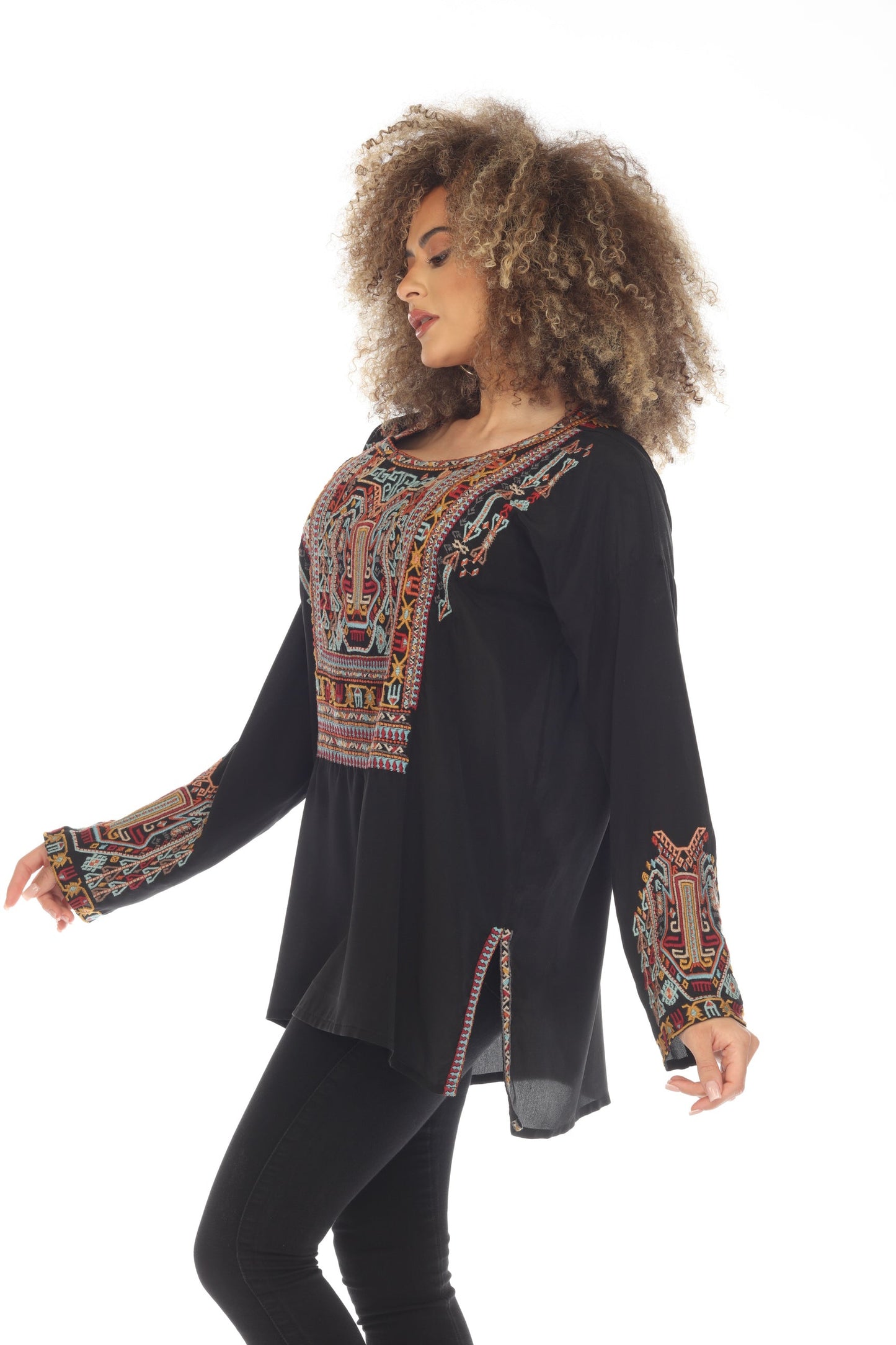 Johnny Was Biya Jaina Silk Embroidered Long Sleeve Blouse B12123