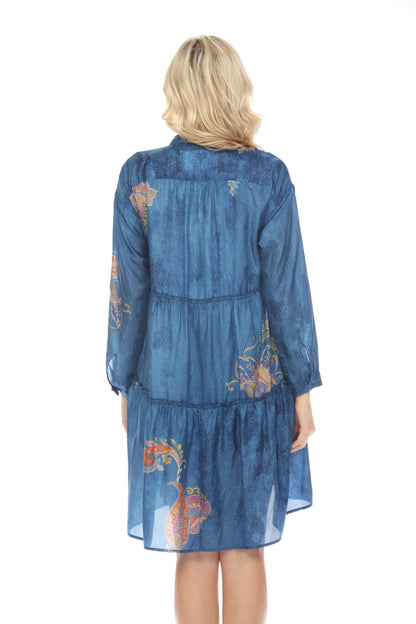 Johnny Was Biya Blue Sascha Silk Tiered Shirt Dress Boho Chic B31524