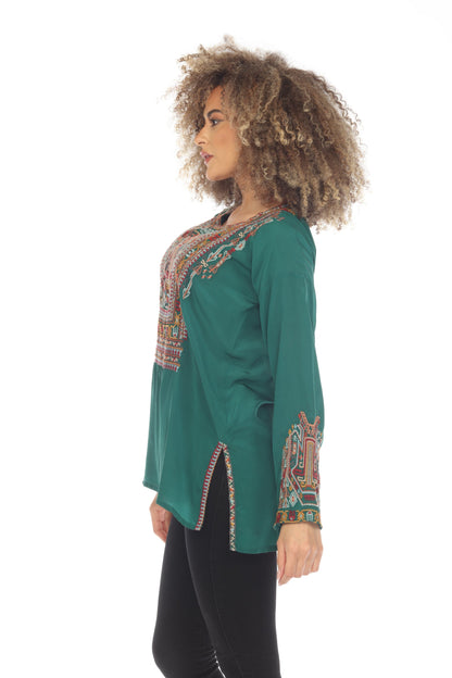 Johnny Was Biya Jaina Silk Embroidered Long Sleeve Blouse B12123