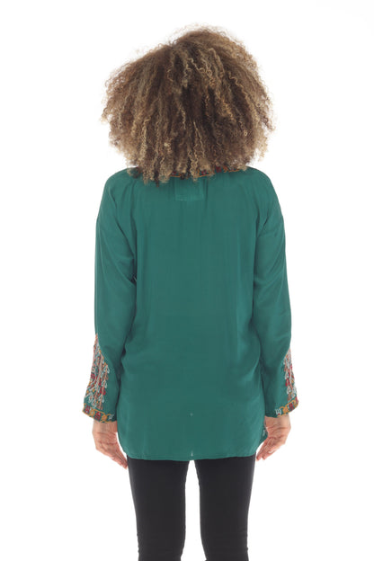 Johnny Was Biya Jaina Silk Embroidered Long Sleeve Blouse B12123