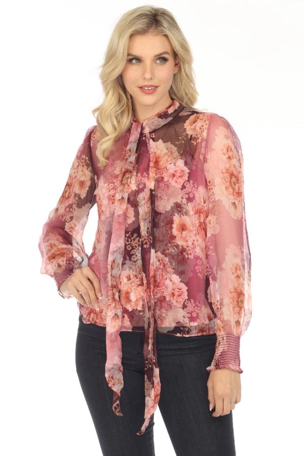 Johnny Was Carina Silk Floral Pussy Bow Long Sleeve Blouse R18823