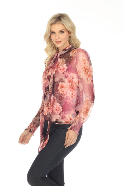 Johnny Was Carina Silk Floral Pussy Bow Long Sleeve Blouse R18823