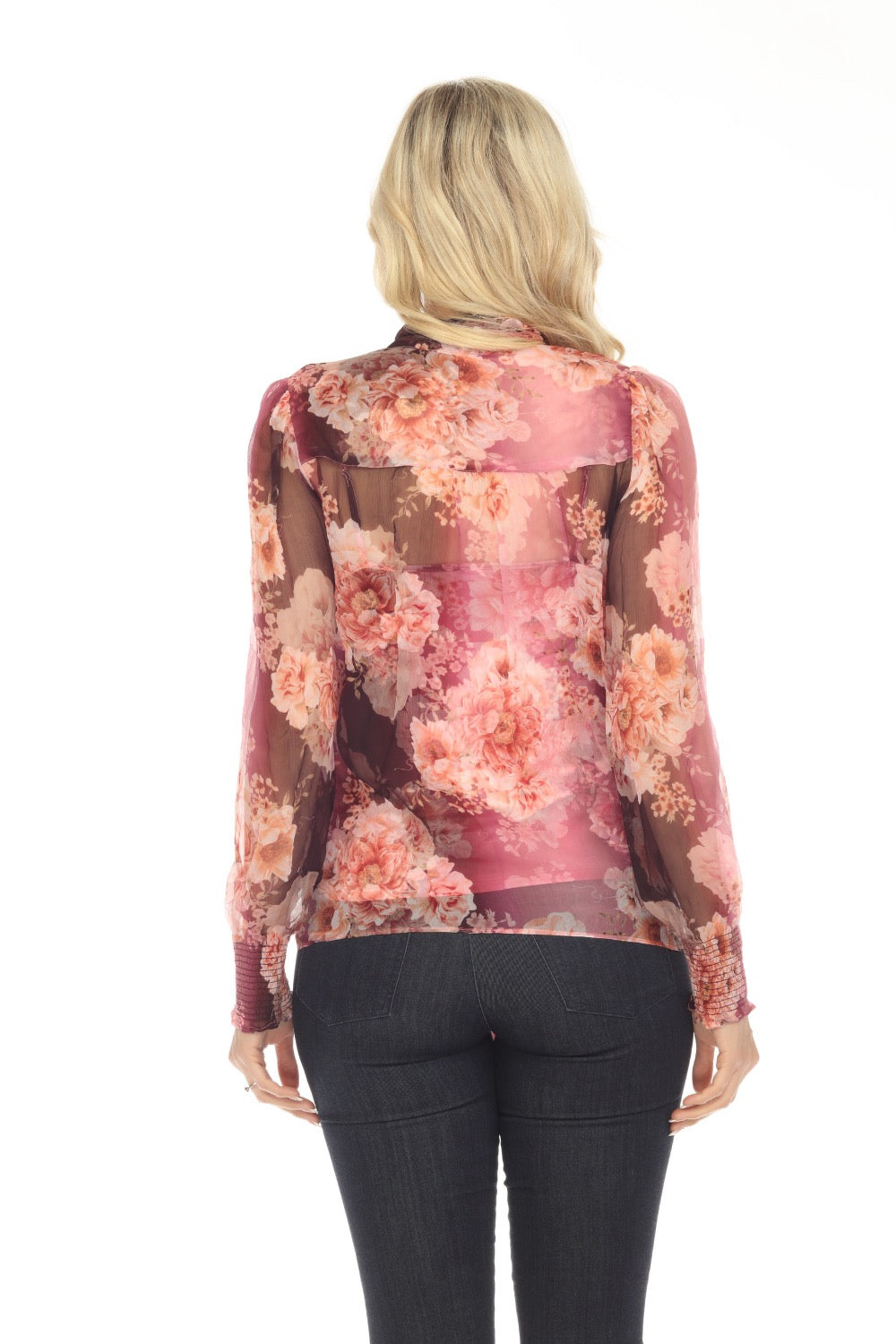 Johnny Was Carina Silk Floral Pussy Bow Long Sleeve Blouse R18823