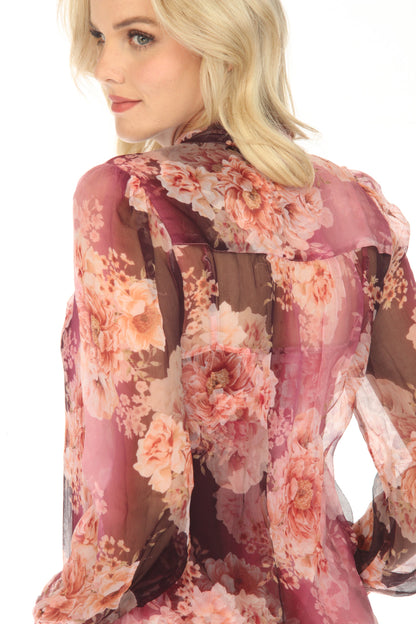 Johnny Was Carina Silk Floral Pussy Bow Long Sleeve Blouse R18823