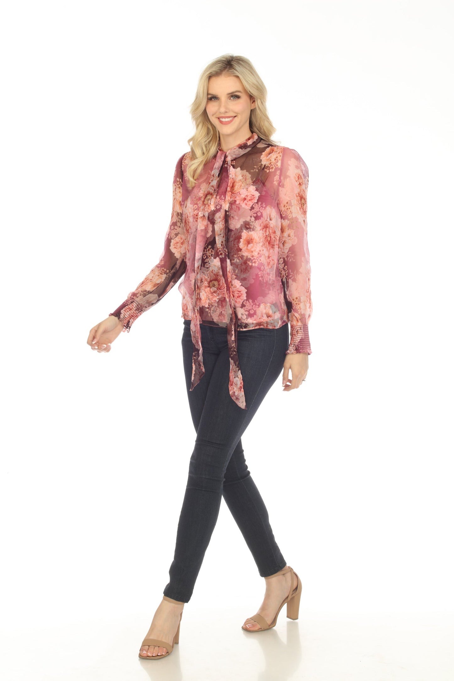 Johnny Was Carina Silk Floral Pussy Bow Long Sleeve Blouse R18823