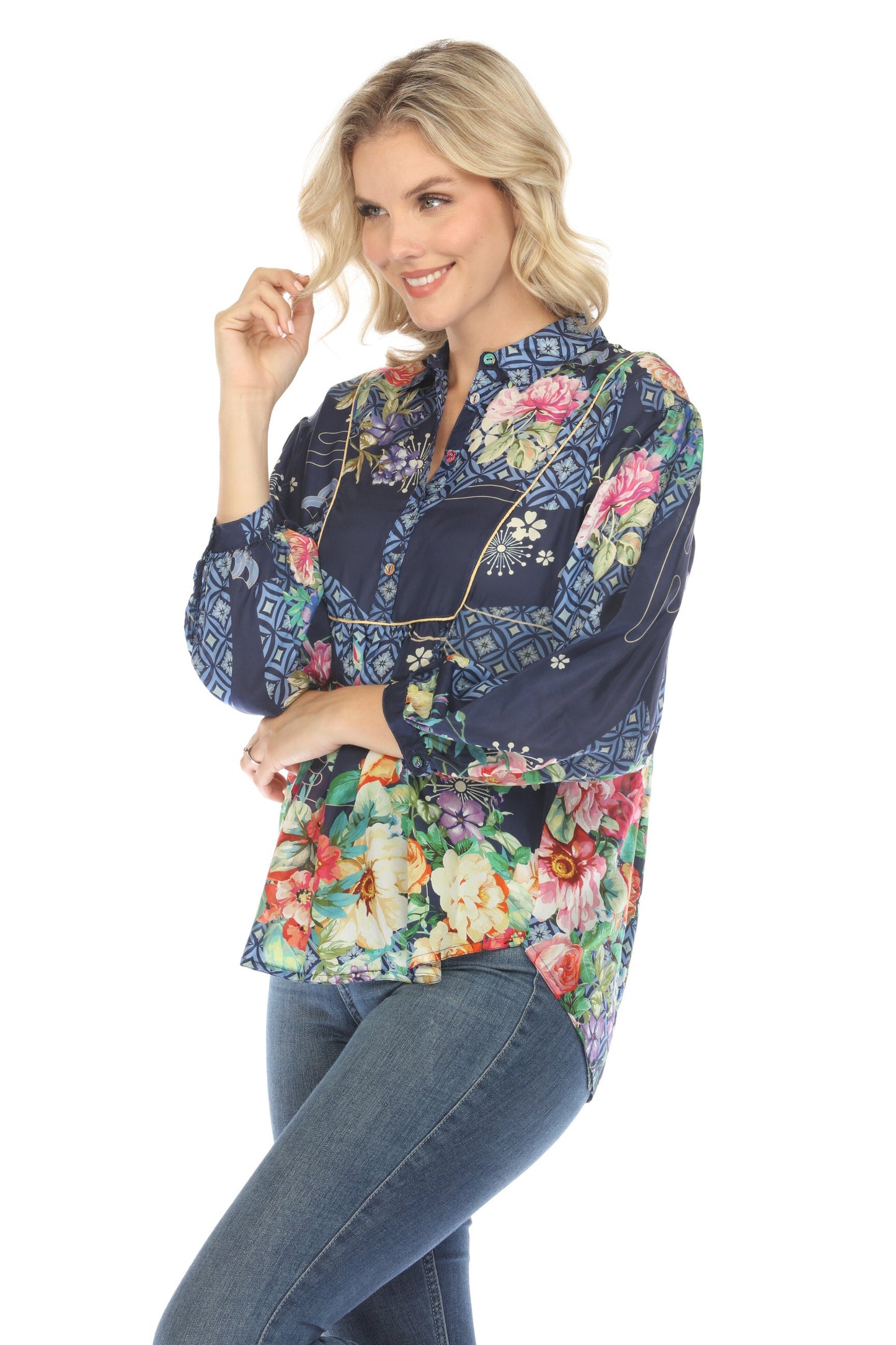 Johnny Was Fanny Ailana Silk Floral Blouse Boho Chic C11624B2