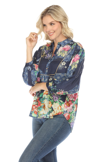 Johnny Was Fanny Ailana Silk Floral Blouse Boho Chic C11624B2