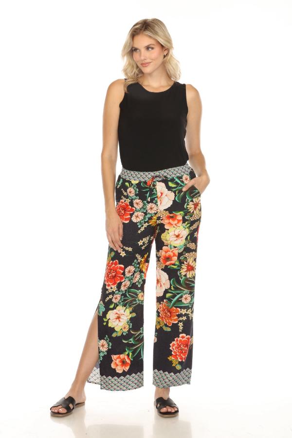 Johnny Was Black Floral Border Split Pants CSW3522-H