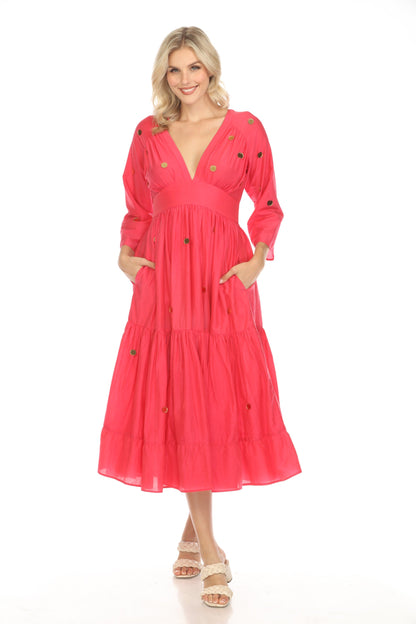 Johnny Was Jade Pink Adena Dotted Tiered Midi Dress L35624