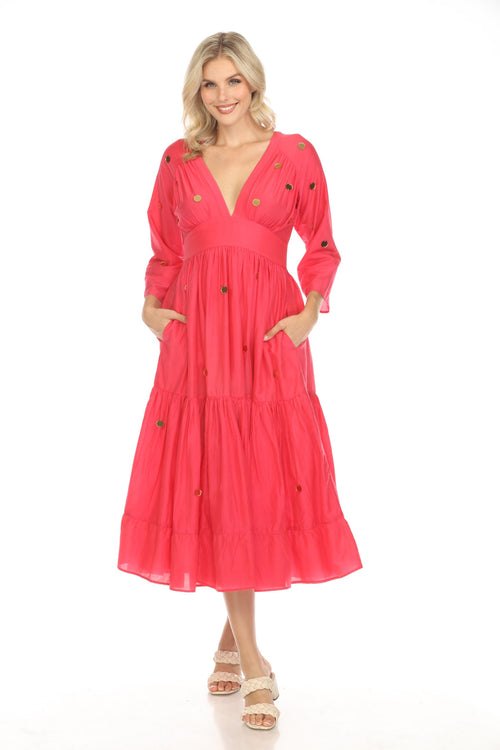 Johnny Was Jade Pink Adena Dotted Tiered Midi Dress L35624