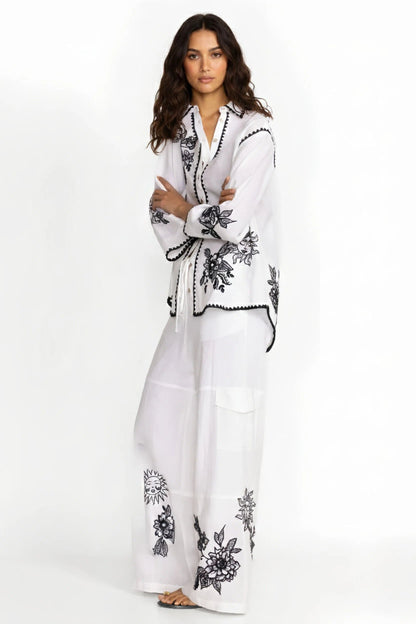 Johnny Was JWLA White Addison Drawstring Wide Leg Pant J69823-E
