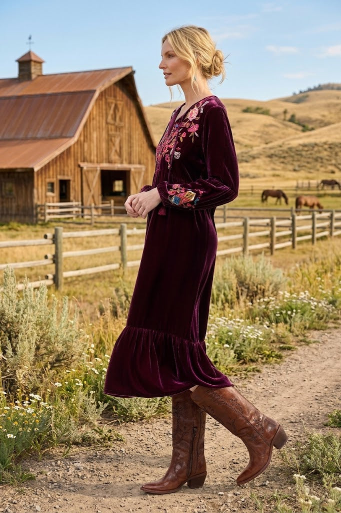 Johnny Was JWLA Anaya Velvet Bishop Sleeve Dress Petite J39625-9P