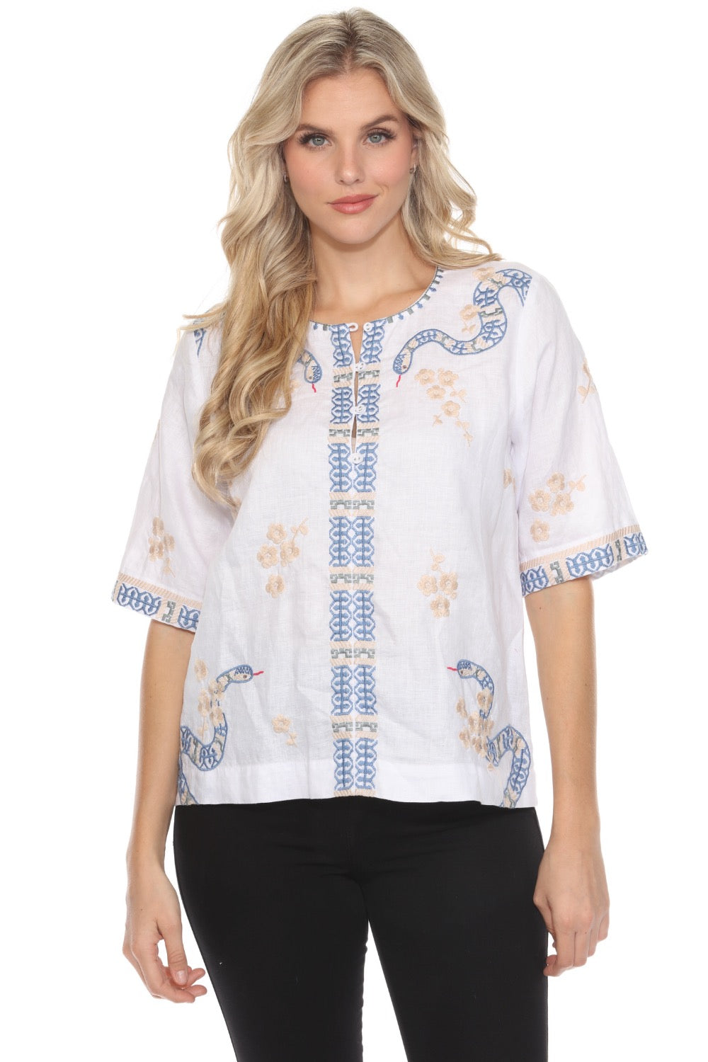 Johnny Was JWLA Split Neck Button Linen Blouse J15124 *