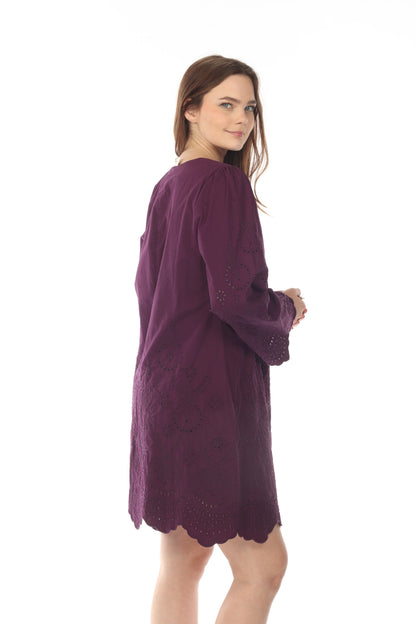 Johnny Was Love Purple Sylvia Eyelet Embroidered Mini Dress Boho Chic L38822-7
