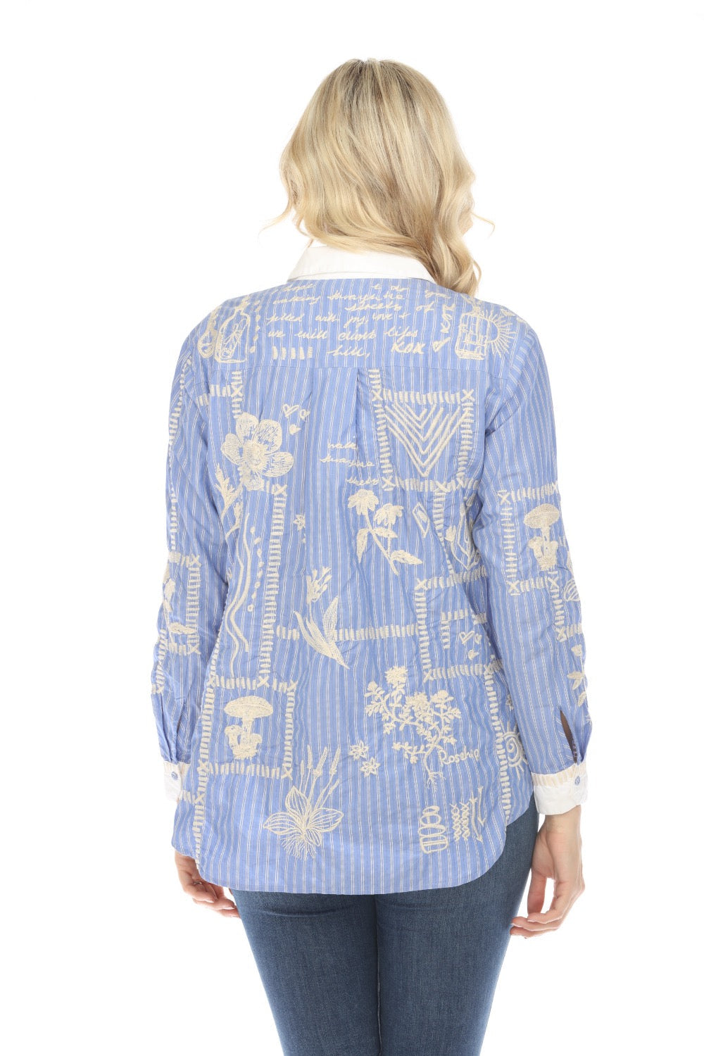 Johnny Was Workshop Stripe Botanique Double Button Oversized Shirt W18324 Boho Chic