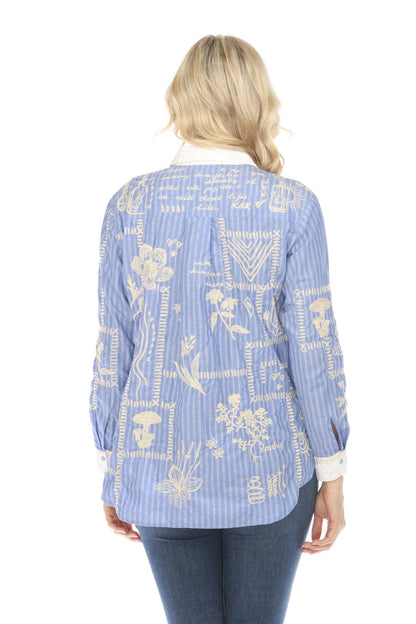 Johnny Was Workshop Stripe Botanique Double Button Oversized Shirt W18324 Boho Chic