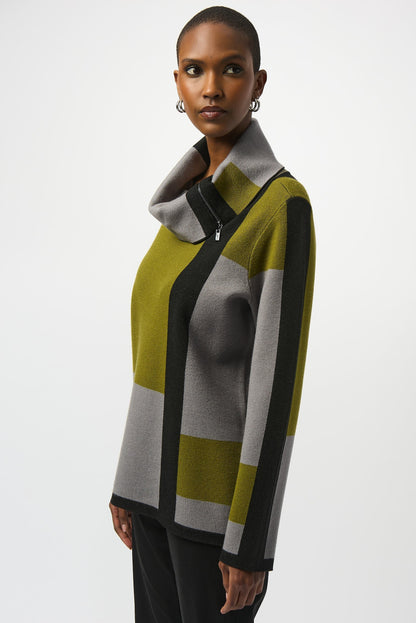 Joseph Ribkoff Black/Artichoke/Grey Color Block Cowl Neck Sweater Top 253911