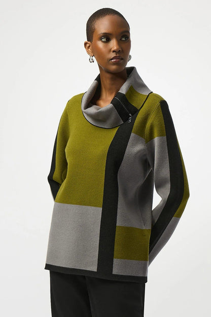 Joseph Ribkoff Black/Artichoke/Grey Color Block Cowl Neck Sweater Top 253911