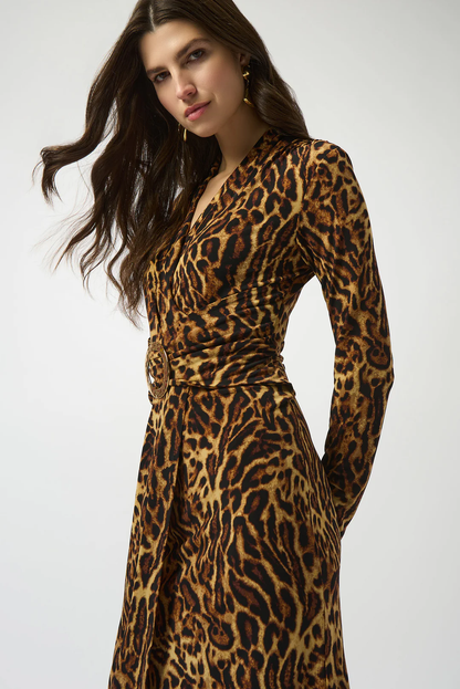 Joseph Ribkoff Black/Brown Animal Print Faux Wrap Dress 253091-R