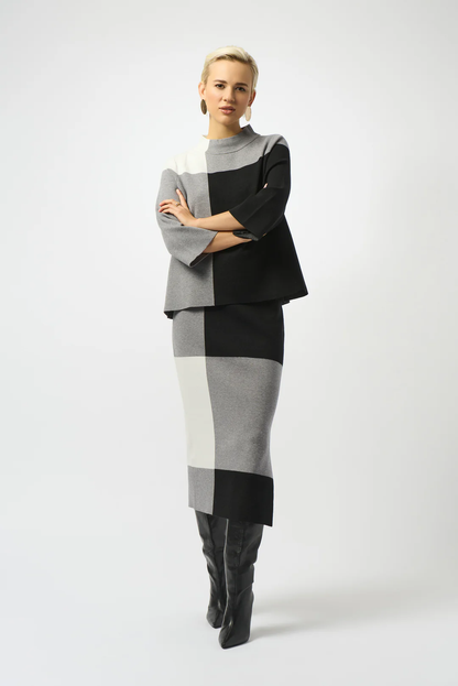 Joseph Ribkoff Black/Grey/Vanilla Color Block Sweater Knit Pull On Skirt 253908