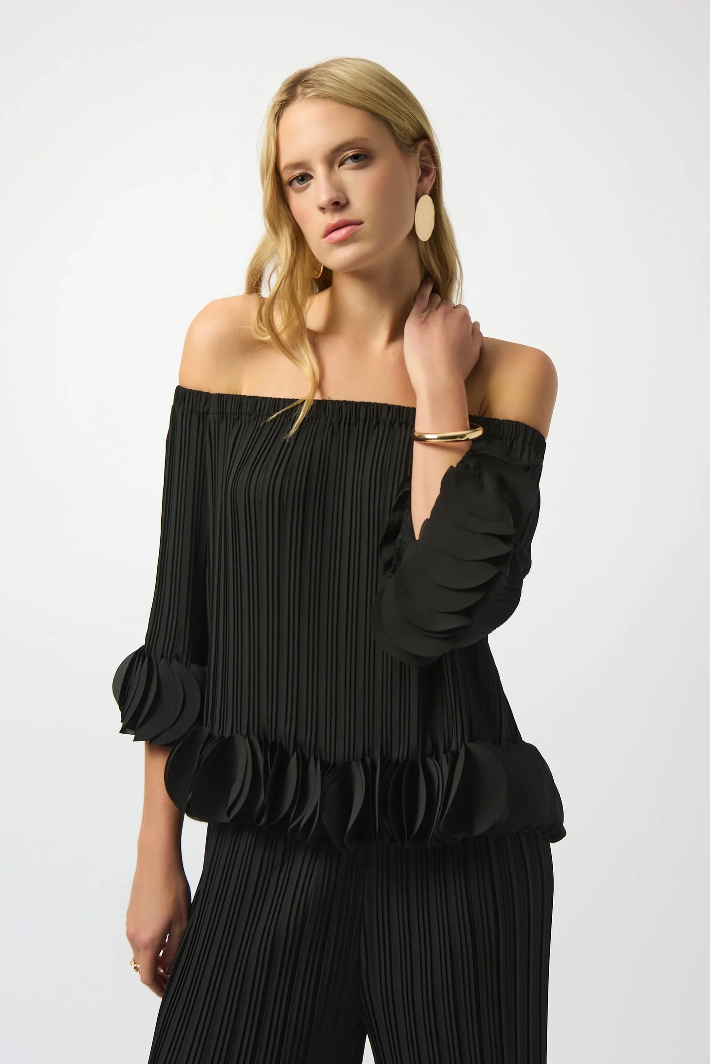 Joseph Ribkoff Black Lightweight Pleated Off-Shoulder Top 253939
