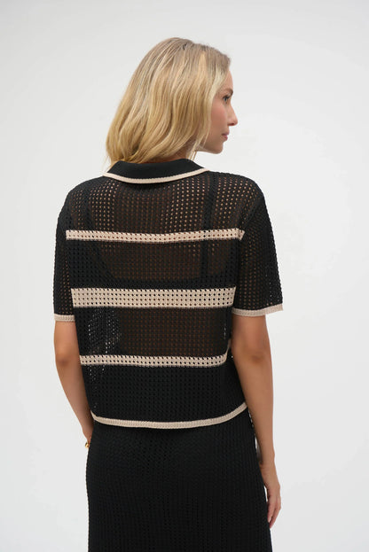 Joseph Ribkoff Black/Parchment Striped Open Knit Cover-Up 252924