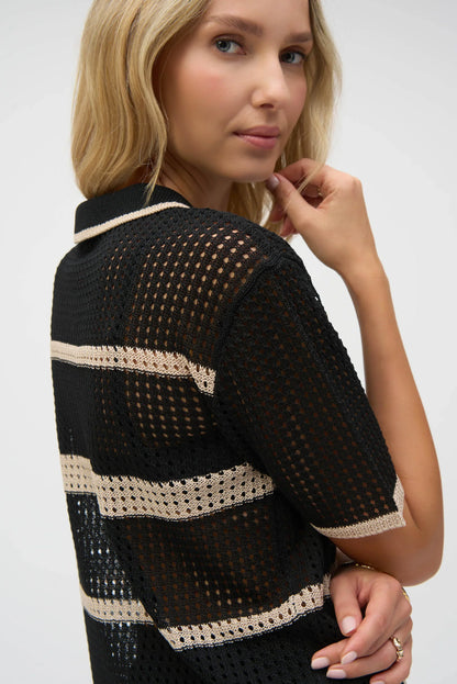 Joseph Ribkoff Black/Parchment Striped Open Knit Cover-Up 252924