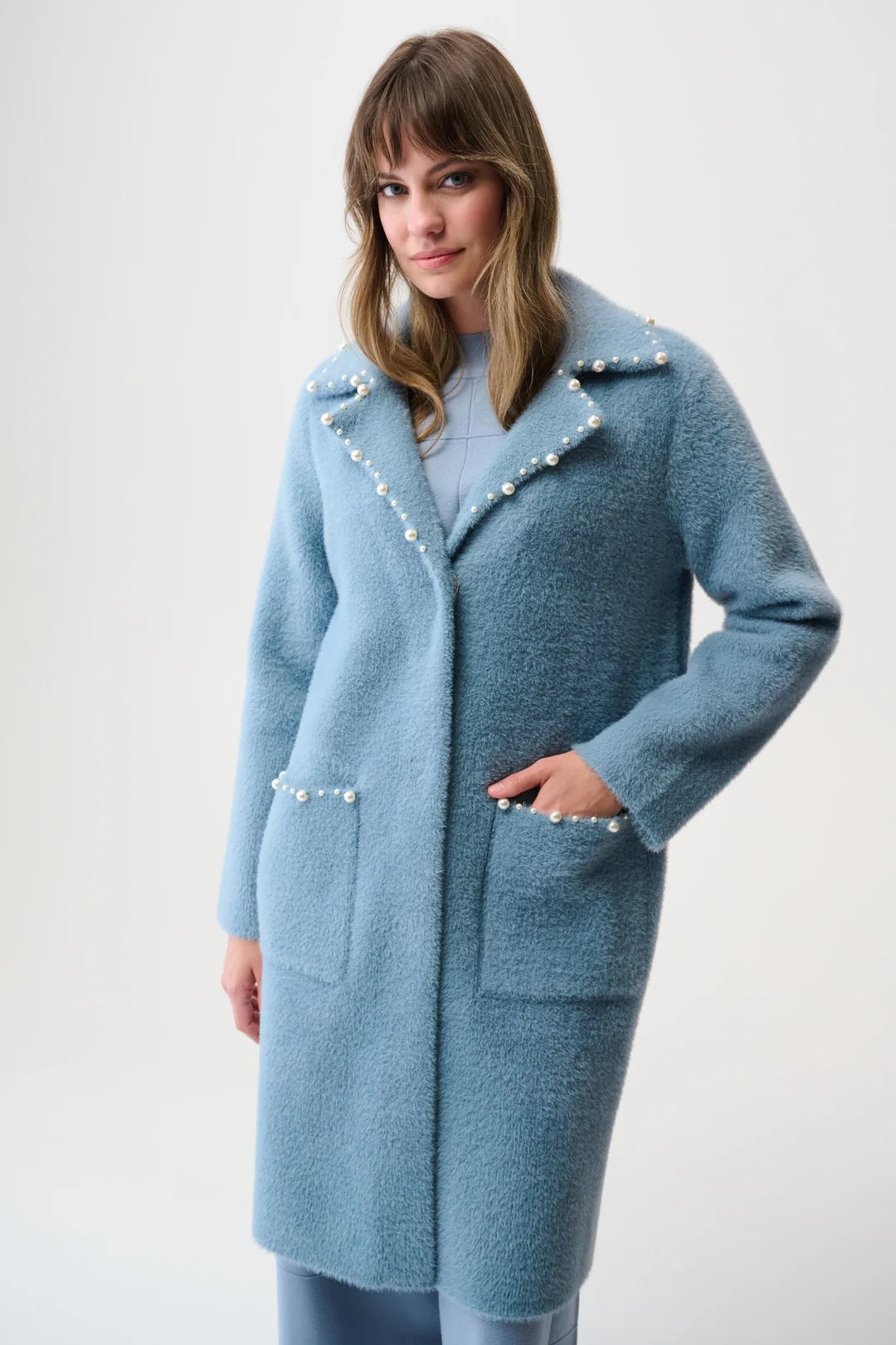 Joseph Ribkoff Chambray Pearl Trim Feather Yarn Coat 261997