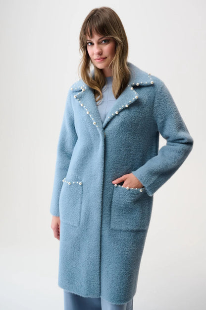Joseph Ribkoff Chambray Pearl Trim Feather Yarn Coat 261997