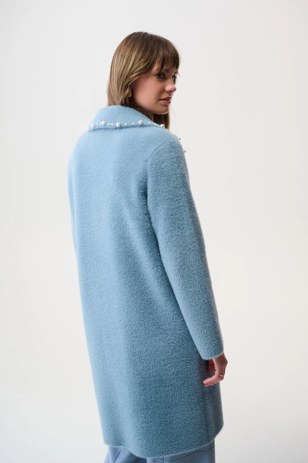 Joseph Ribkoff Chambray Pearl Trim Feather Yarn Coat 261997